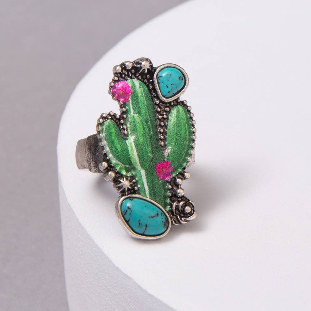 Western Floral Turquoise Embellished Cactus Ring