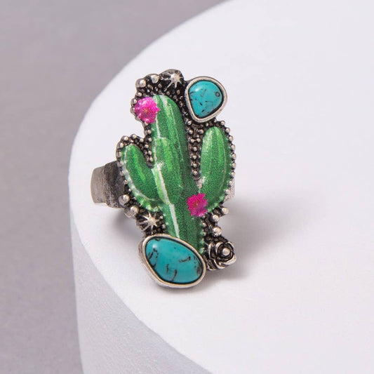 Western Floral Turquoise Embellished Cactus Ring
