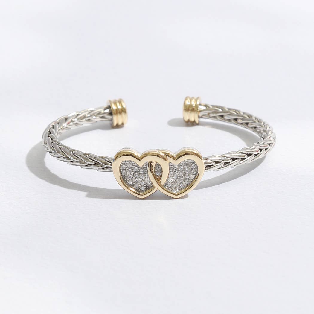 Two Hearts Pave Braided two-tone Bangle/cuff Bracelet