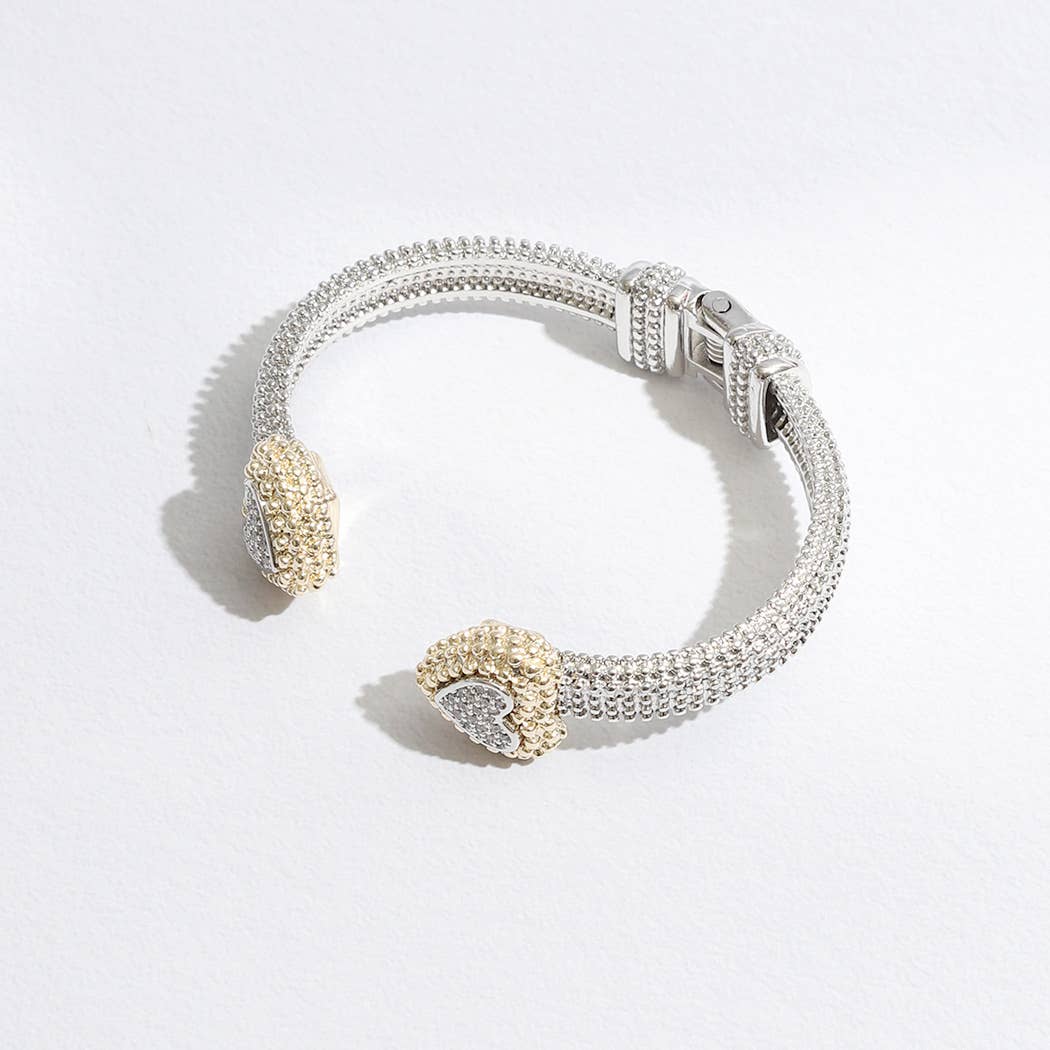 Stylish Textured Cuff/Bangle Two Tone Pave Heart Edge Bracelet