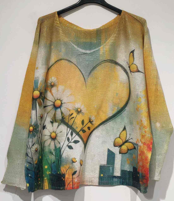 Yellow Heart Round, Knit Printed, Italian Top