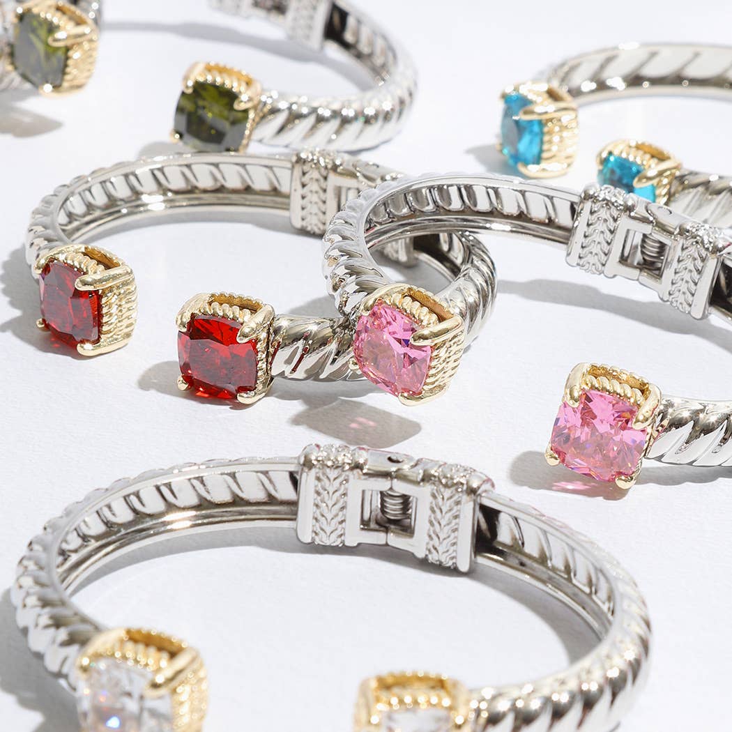 Colored Square Rhinestone Edge Bangle Bracelet