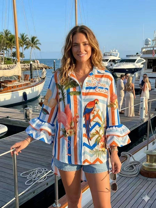 Parrot Stripe - Print Ruffle Sleeve, Italian Blouse