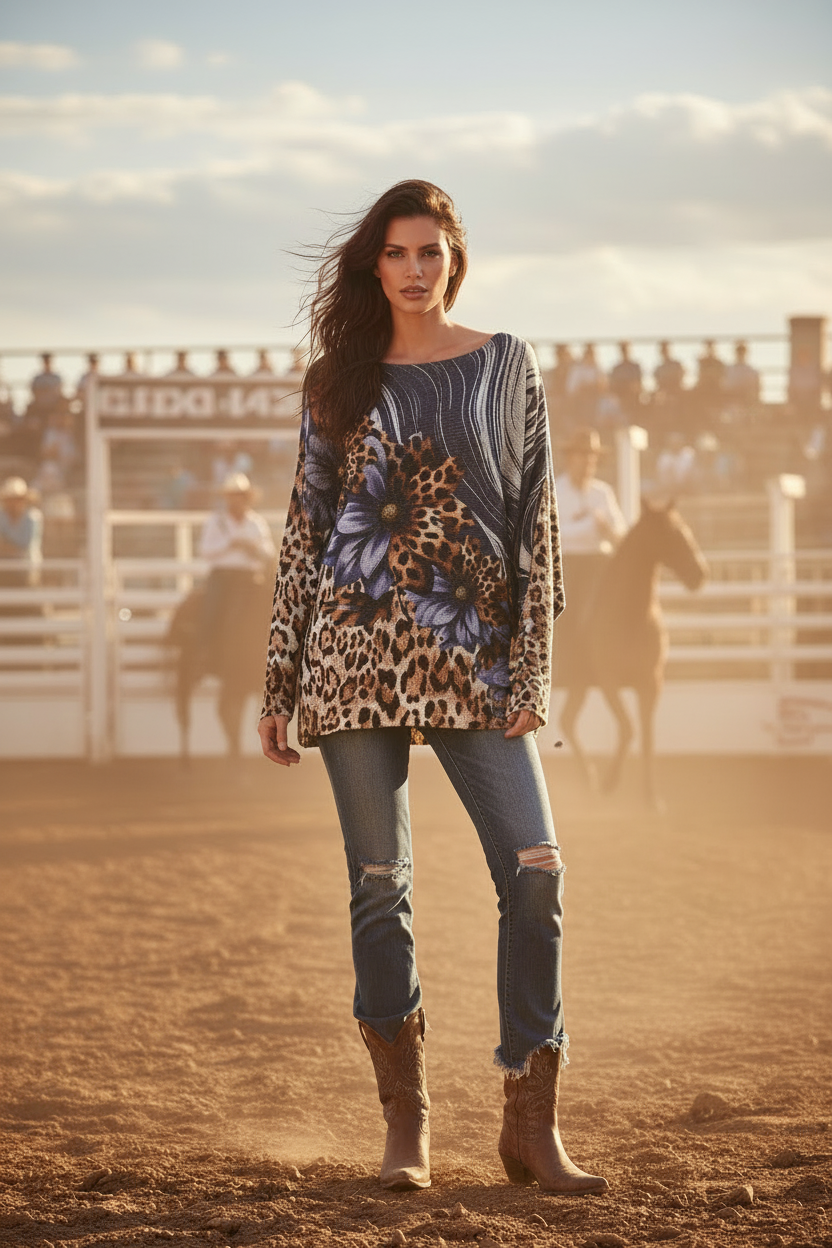 Leopard Daisy Swirl, Round neck, Knit Printed, Italian Top — Navy