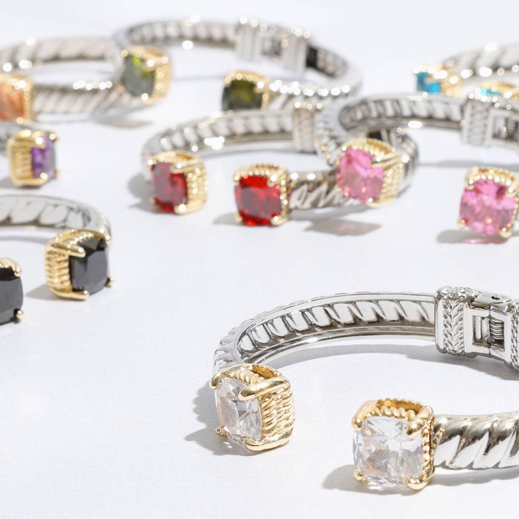 Colored Square Rhinestone Edge Bangle Bracelet