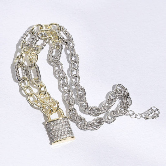 Linked Solid and Twisted Chain Necklace with Lock pendant