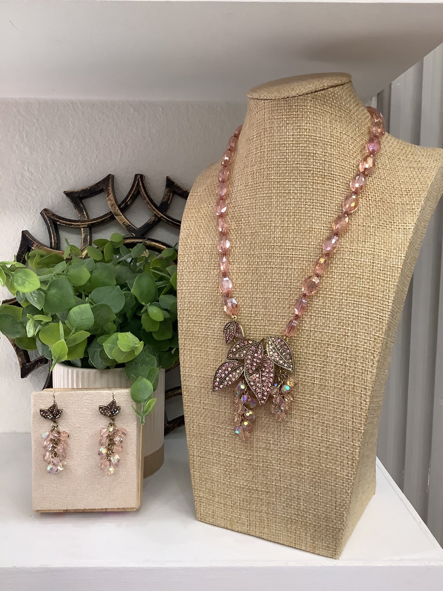 Pink Floral Statement Set- Necklace with complementary Earrings (18” long + 2” extender)