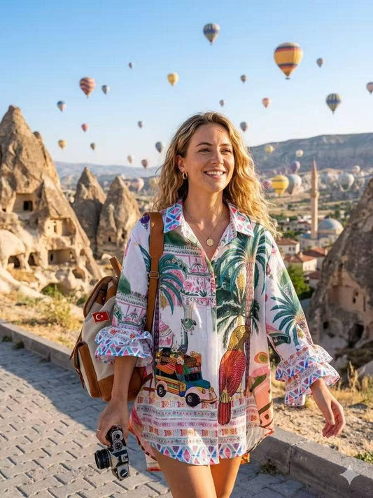 “Hot Air Balloons” Mixed with Tropical Prints and Puff Sleeves Italian Blouse