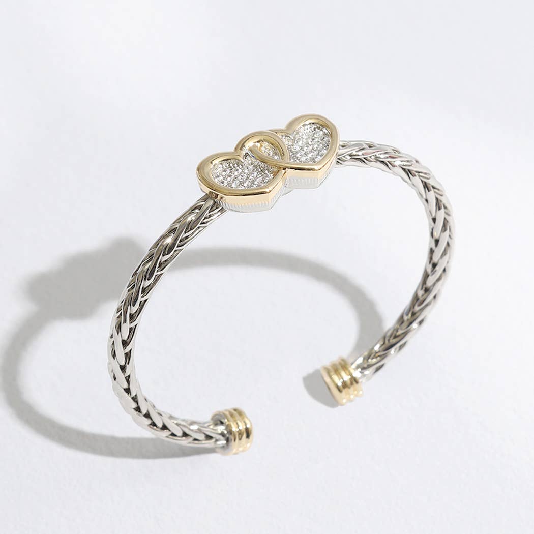 Two Hearts Pave Braided two-tone Bangle/cuff Bracelet