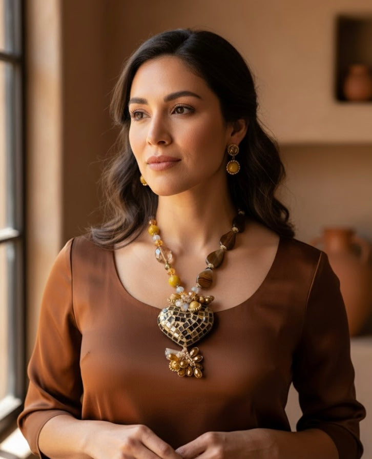 Ornate Handmade Artisan Mosaic Heart and Gemstones Necklace Set w/ Matching Earrings (18” long + 2”extender)