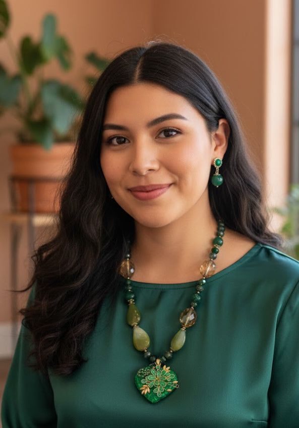 Ornate Handmade Artisan Mosaic Heart and Gemstones Necklace Set w/ Matching Earrings (18” long + 2”extender)