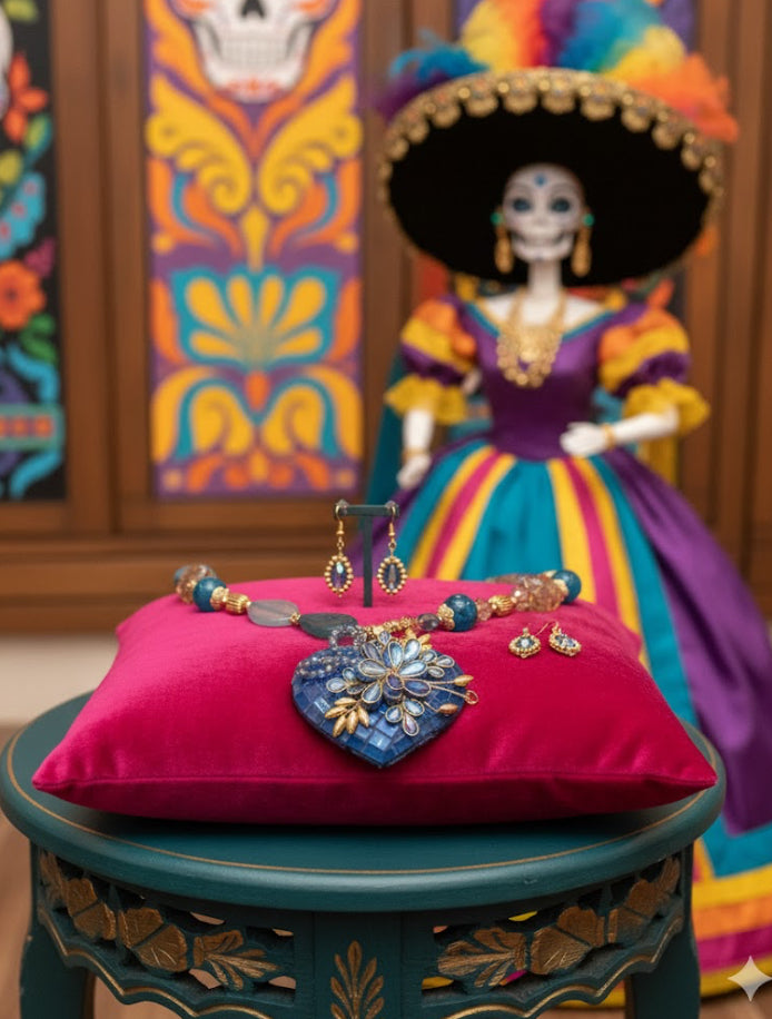 Ornate Handmade Artisan Mosaic Heart and Gemstones Necklace Set w/ Matching Earrings (18” long + 2”extender)