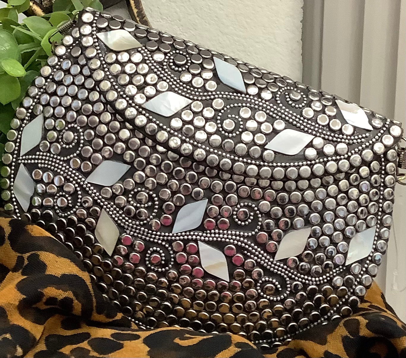 Bohemian Studded & Mother-of-Pearl Clutch/Handbag