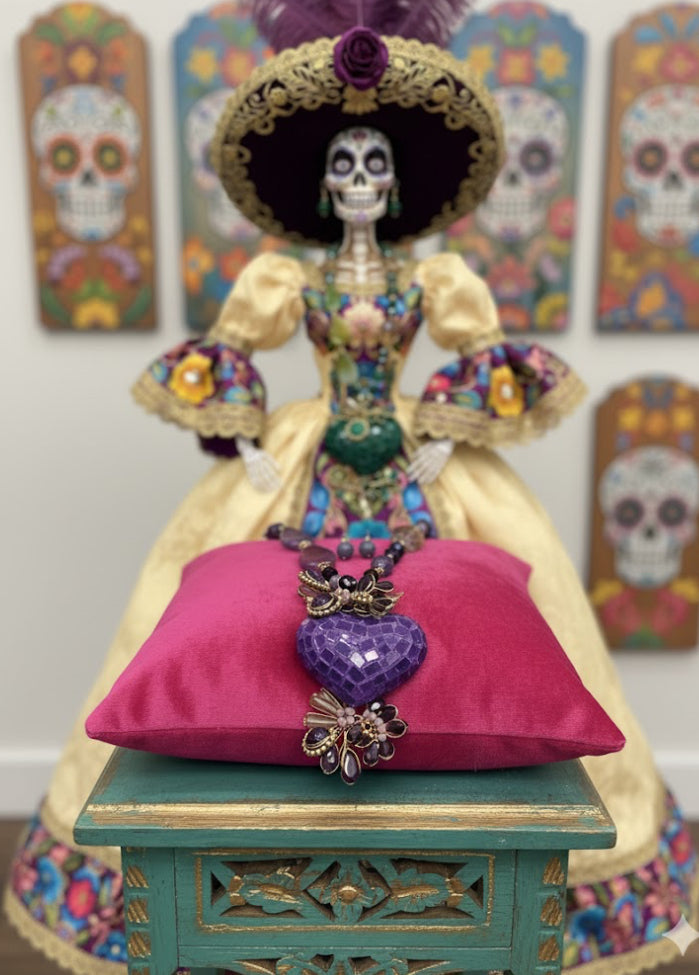 Ornate Handmade Artisan Mosaic Heart and Gemstones Necklace Set w/ Matching Earrings (18” long + 2”extender)