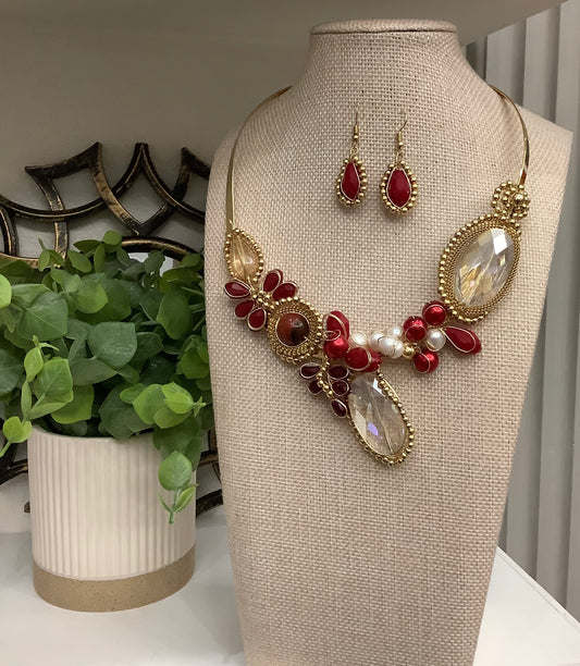 Artisan Red Crystal Beaded Bib Necklace Set w/ Matching Earrings (18’ + 2’ extender)
