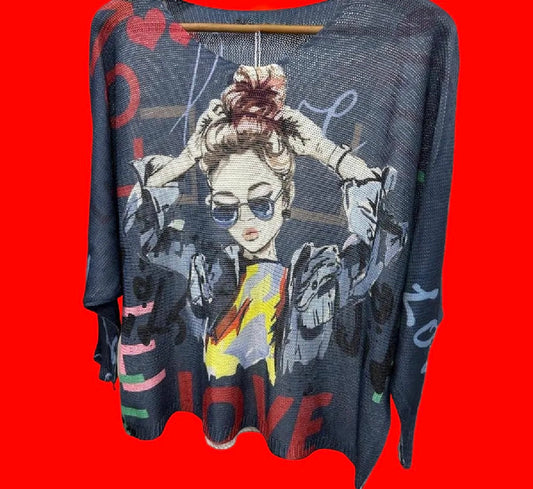 LOVE MY Denim, Round Neck, Knit Printed Italian Sweater