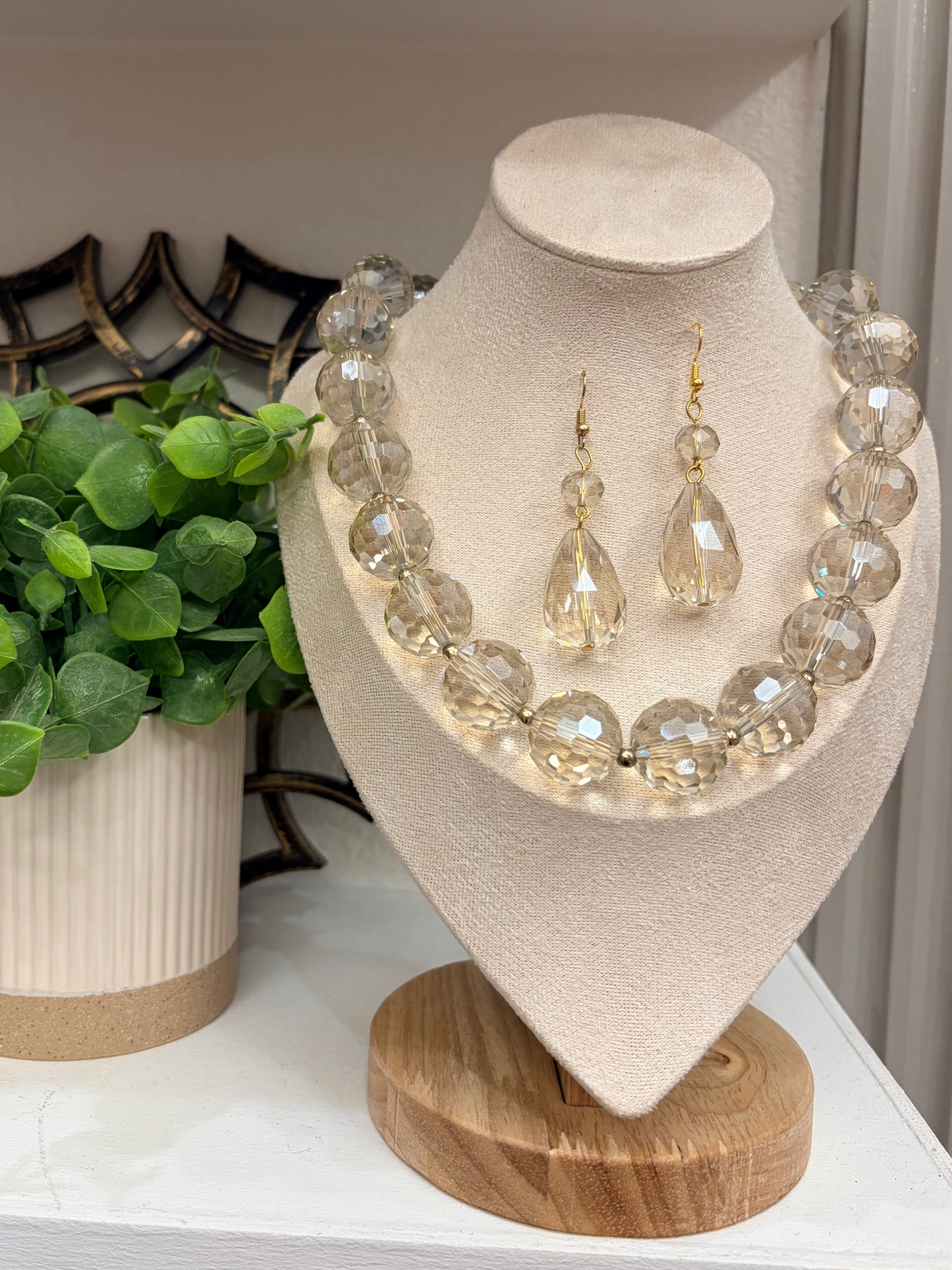 Round “Crystals” set with gold color accent beads (16” long + 2” extender)