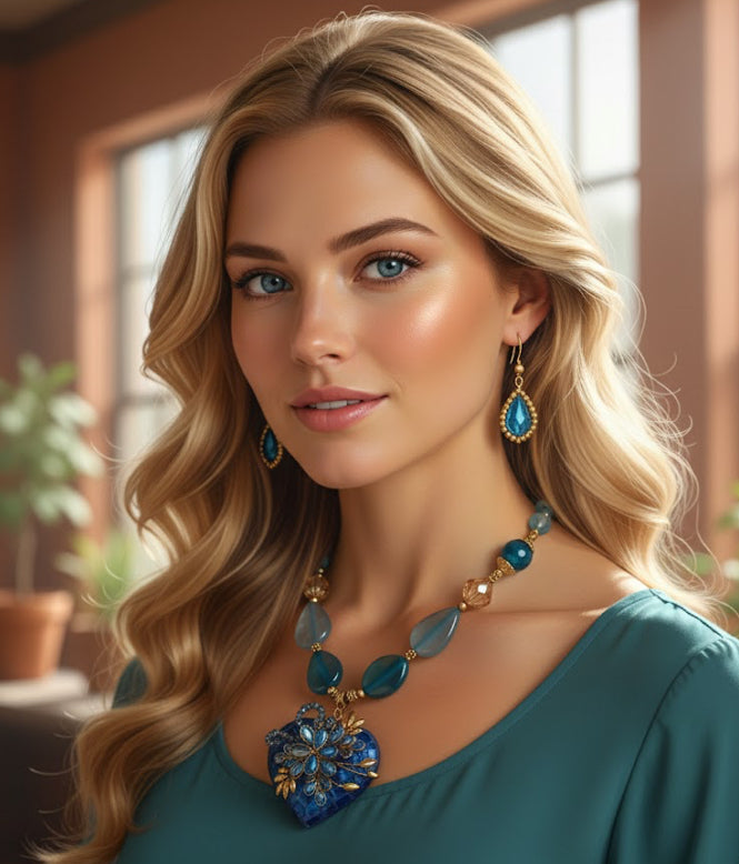 Ornate Handmade Artisan Mosaic Heart and Gemstones Necklace Set w/ Matching Earrings (18” long + 2”extender)