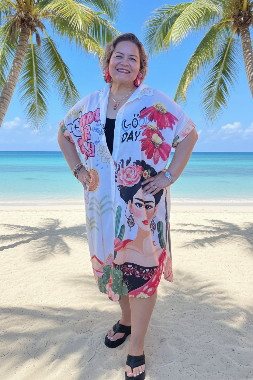 Tropical Paradise meets Frida- Italian Long Printed Shirt-Dress