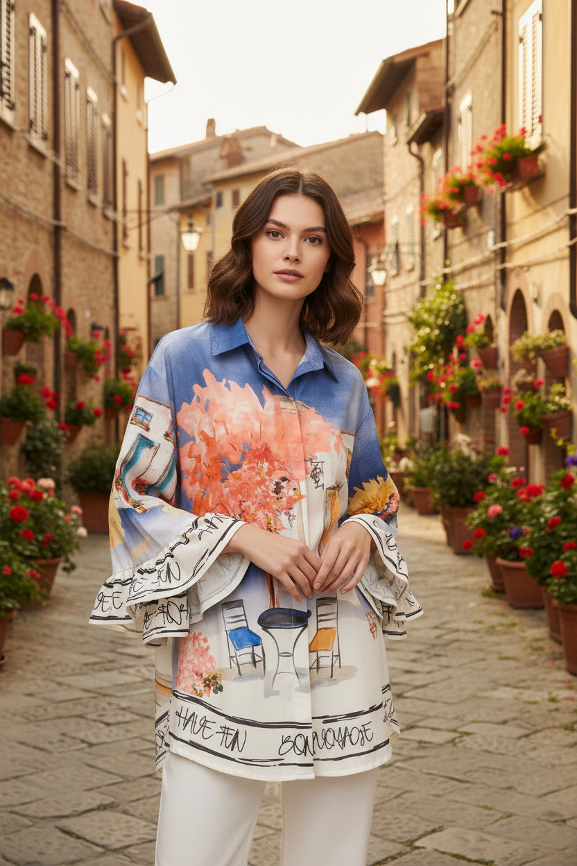 “Bon Voyage” Italian Puff Sleeve Blouse