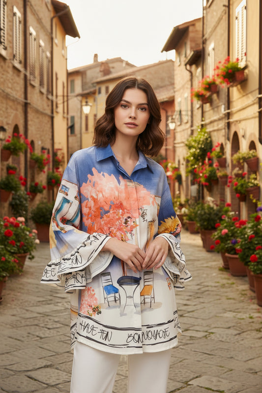 “Bon Voyage” Italian Puff Sleeve Blouse