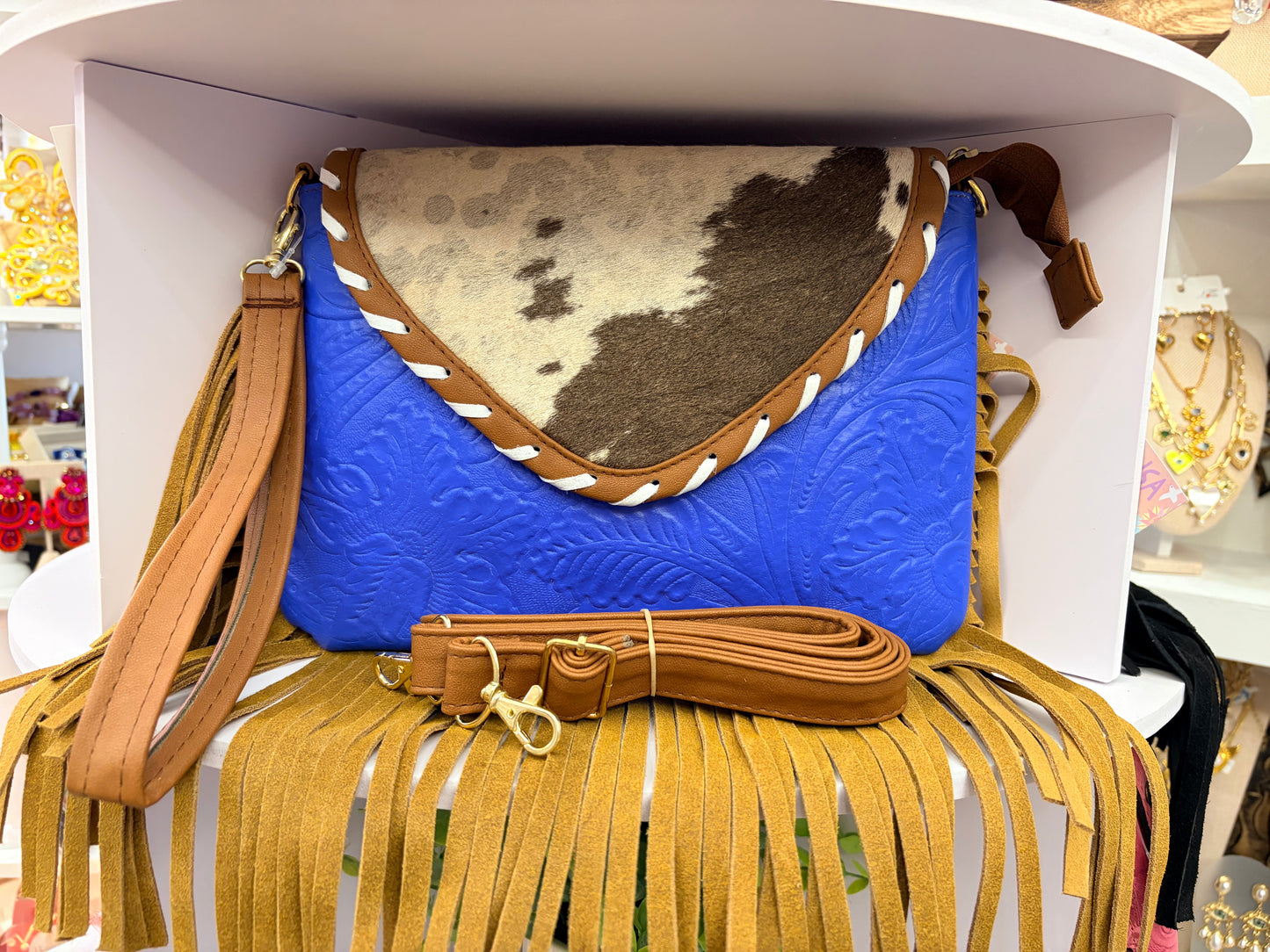 Western “Boho” Envelope Shape Clutch/Handbag (metallic blue)