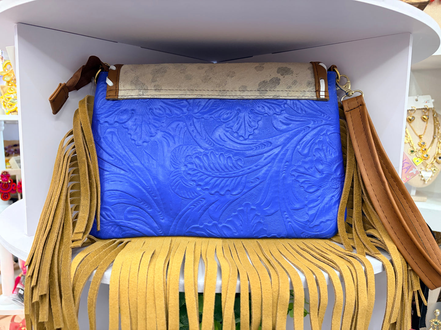 Western “Boho” Envelope Shape Clutch/Handbag (metallic blue)