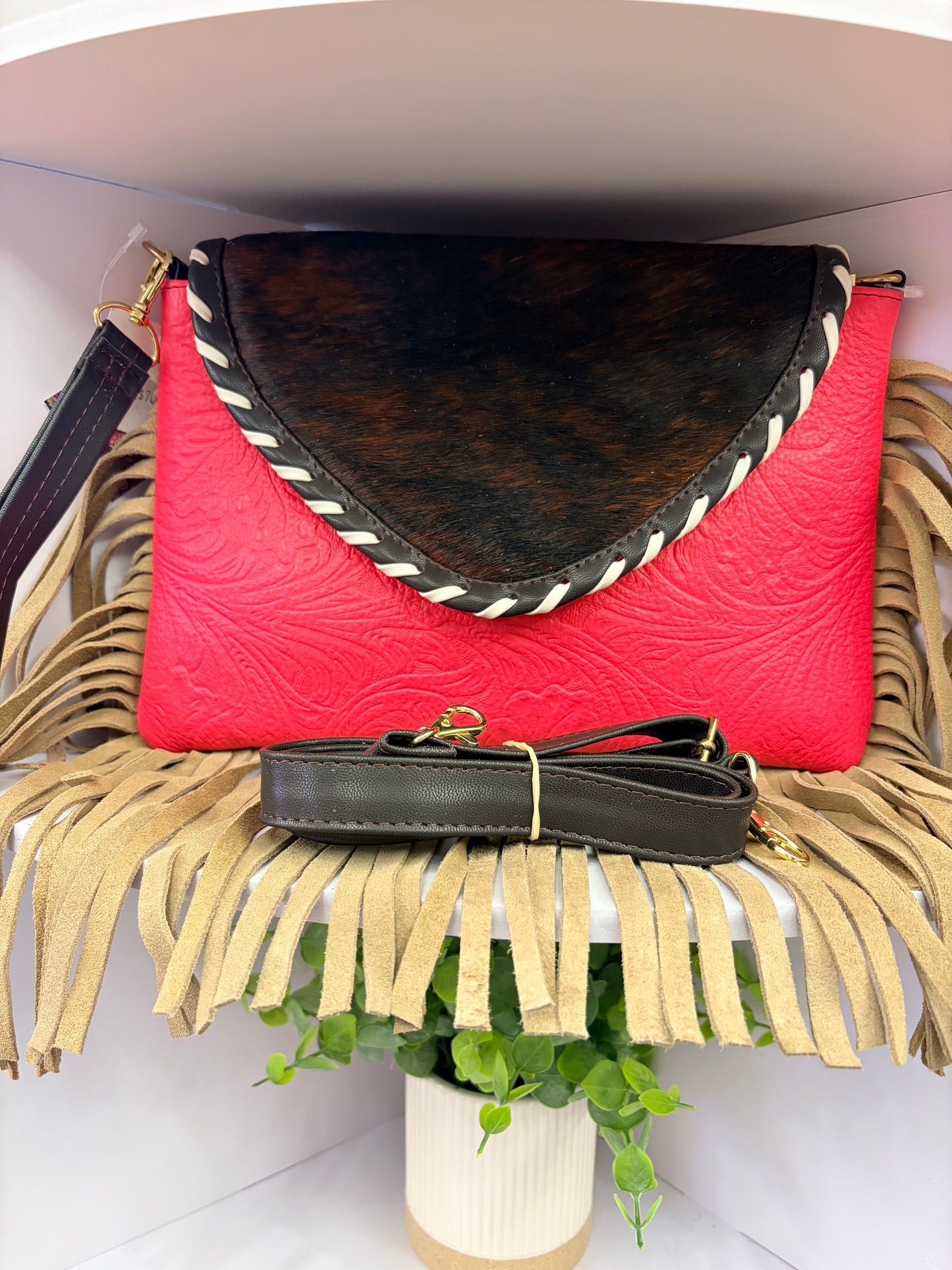 Western “Boho” Envelope Shape Clutch/Handbag (coral-pink)