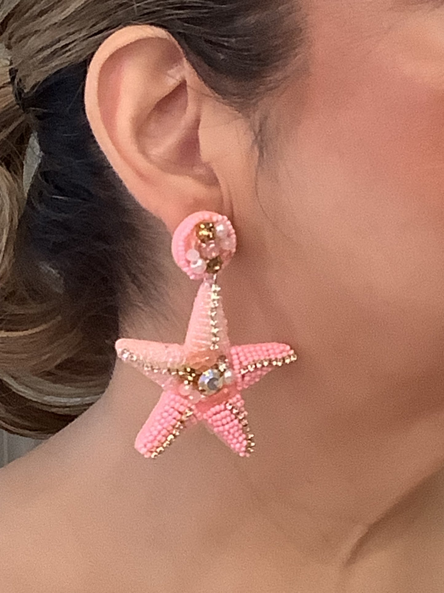 Starfish Beaded Sparkly Earrings PINK
