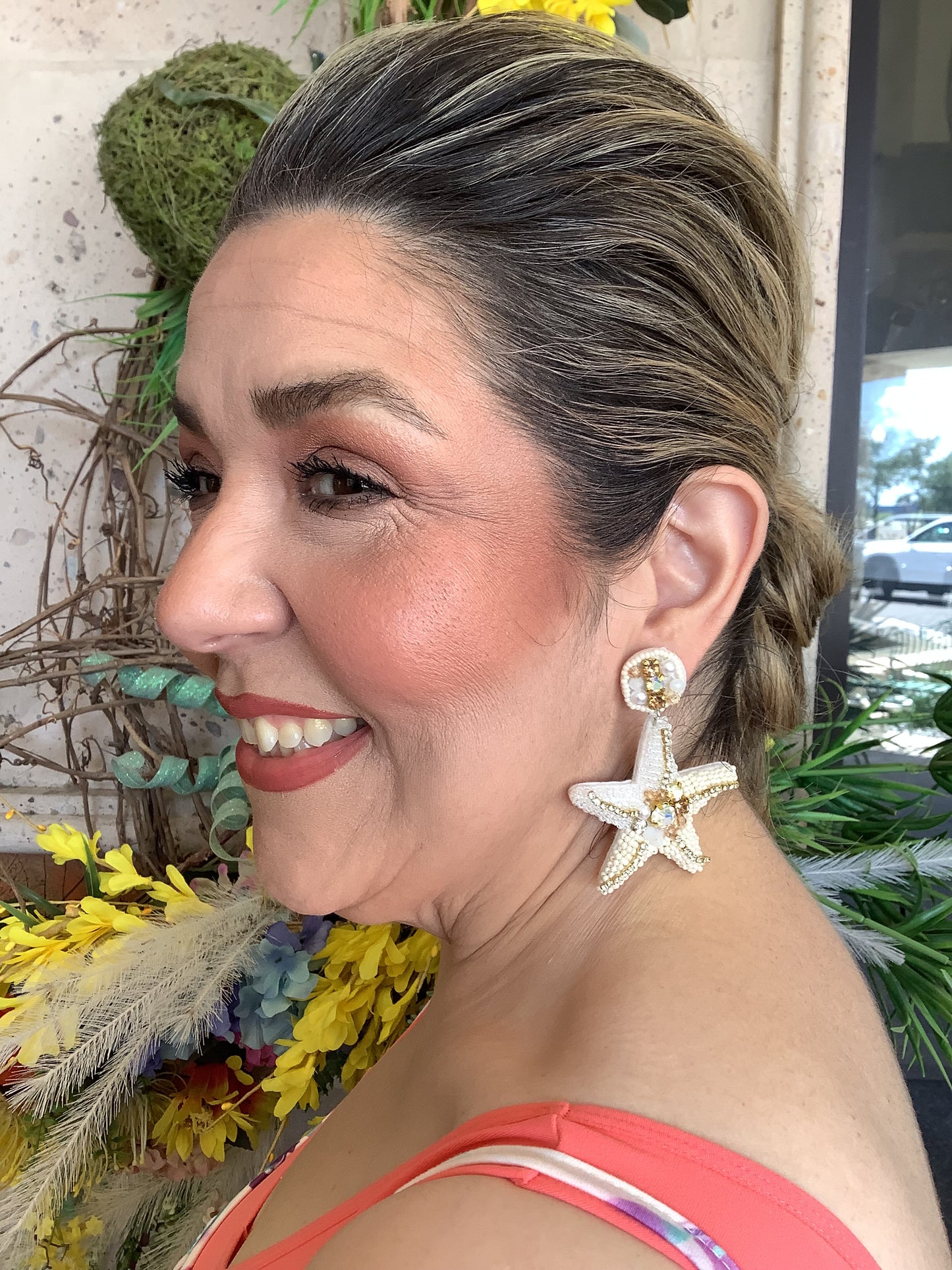 Starfish Beaded Sparkly Earrings WHITE