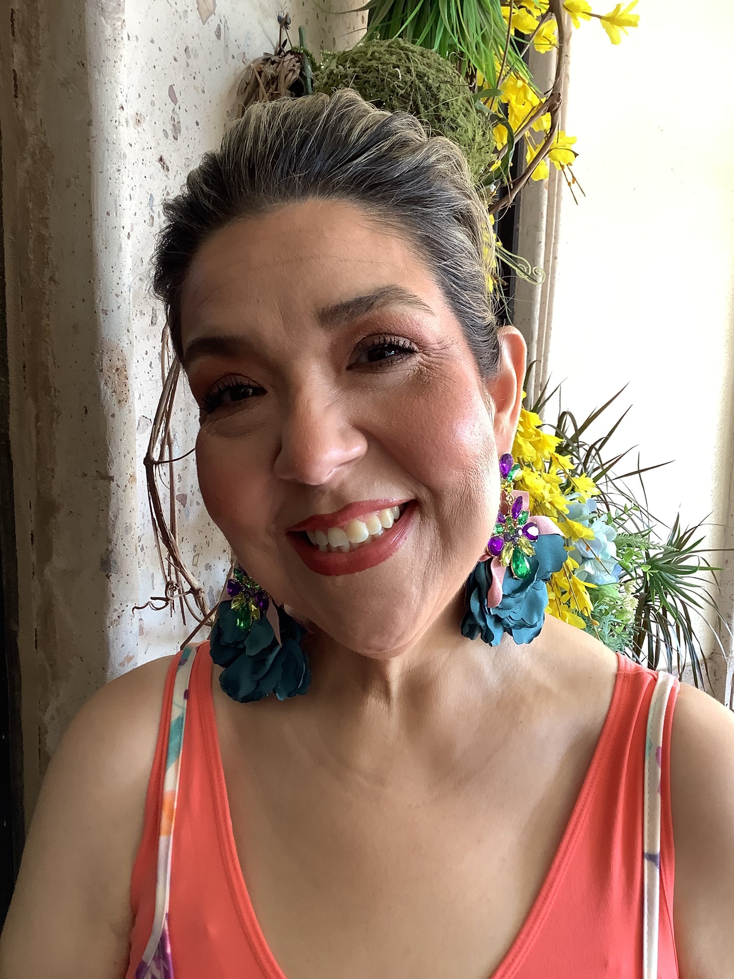 Mystic Flower with Gems Earrings TEAL GREEN