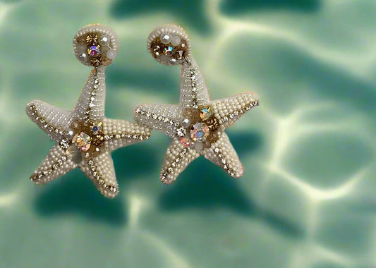 Starfish Beaded Sparkly Earrings WHITE