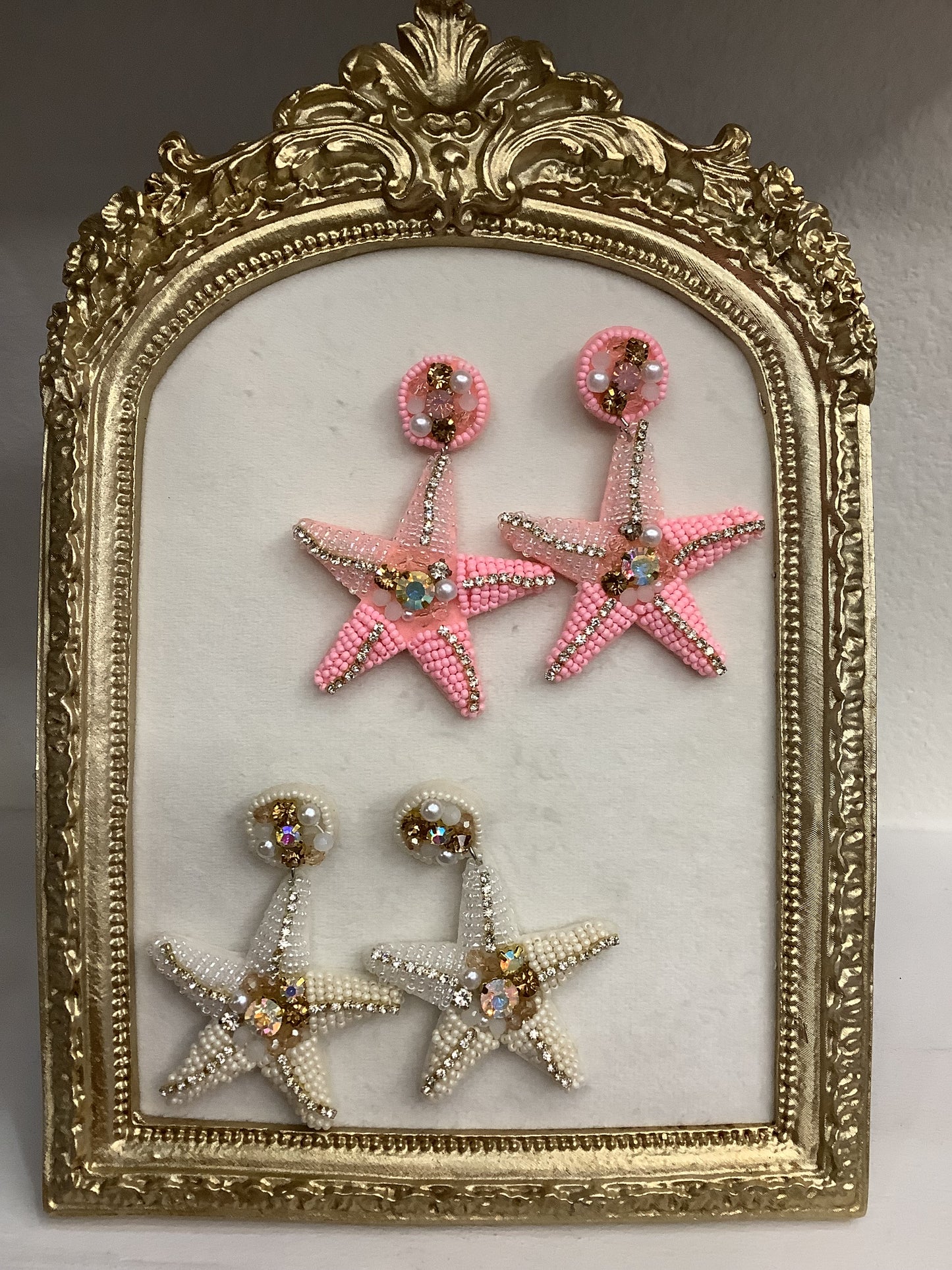Starfish Beaded Sparkly Earrings WHITE