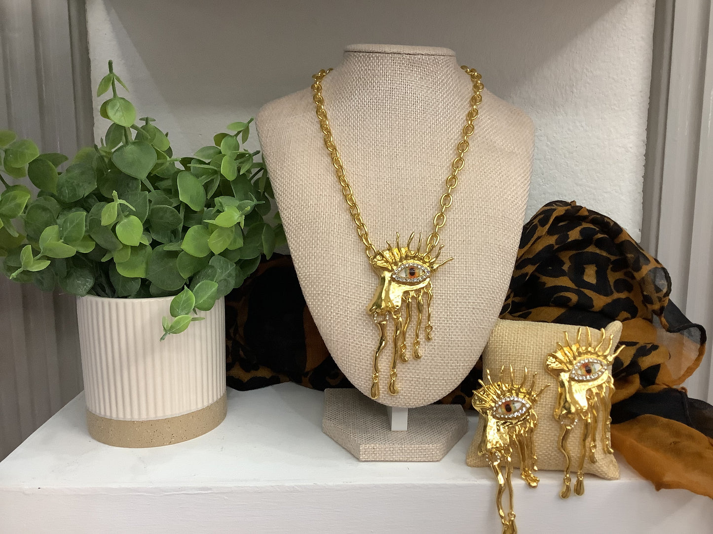 Gold plated set with light brown evil eye “half-face” (16” plus a four inch extender)