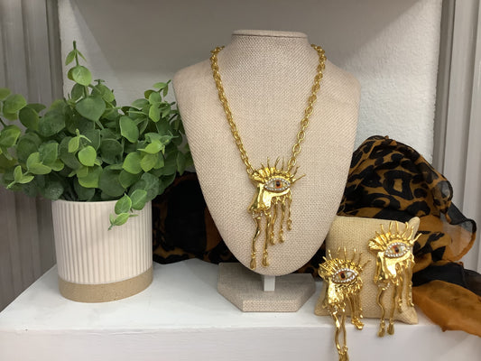 Gold plated set with light brown evil eye “half-face” (16” plus a four inch extender)