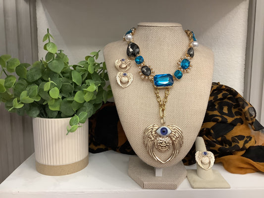 Vintage style “angel wings”  Gold plated Necklace with gemstones and pearl (16” plus a 4 inch extender)
