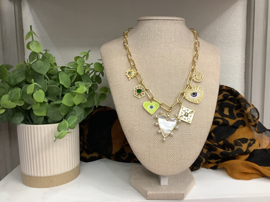 Gold plated necklace with 6 charms (16” plus a 4 inch extender)