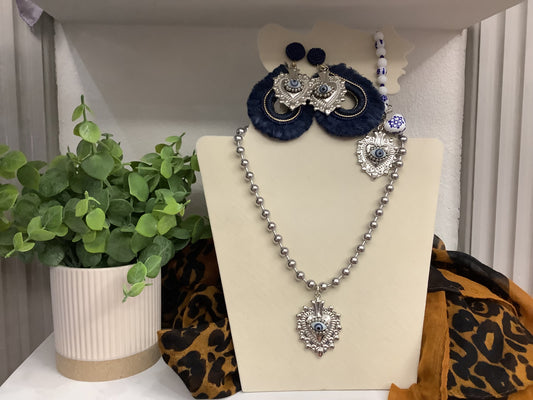 Boho style Navy blue Set with Silver Stainless steel chain (16”)(Balines)