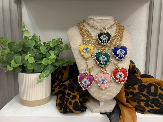 Gold plated Jewels (blue eye) heart shaped with rhinestones and pearls (16” plus a 2 inch extender)-for Protection in Multi-colors