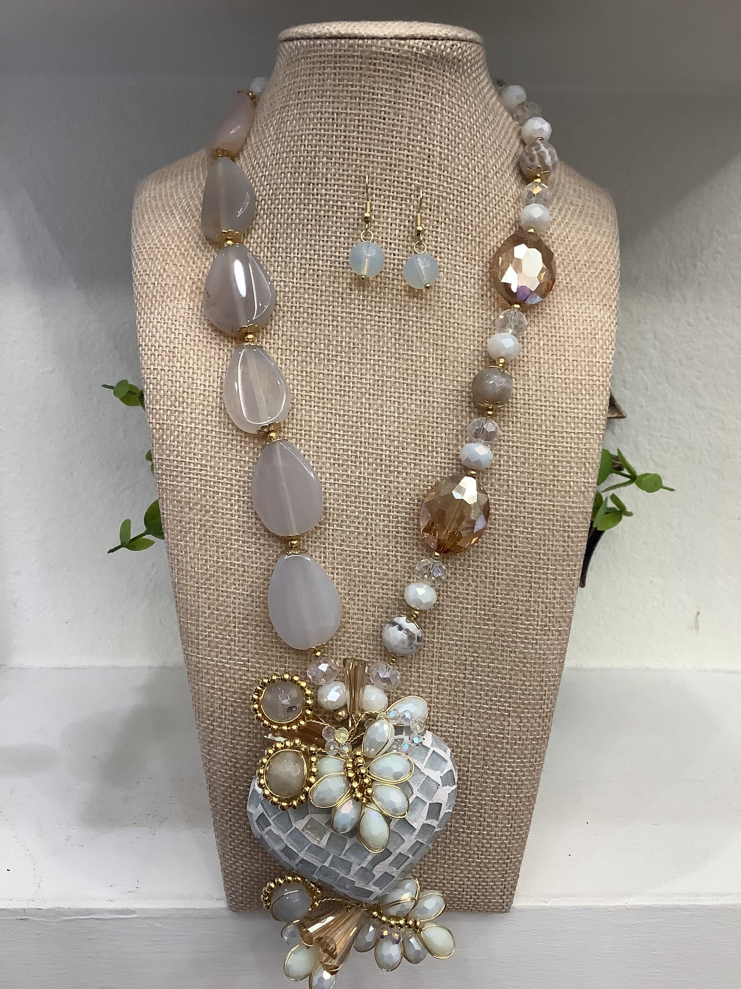 Ornate Handmade Artisan Mosaic Heart and Gemstones Necklace Set w/ Matching Earrings (18” long + 2”extender)