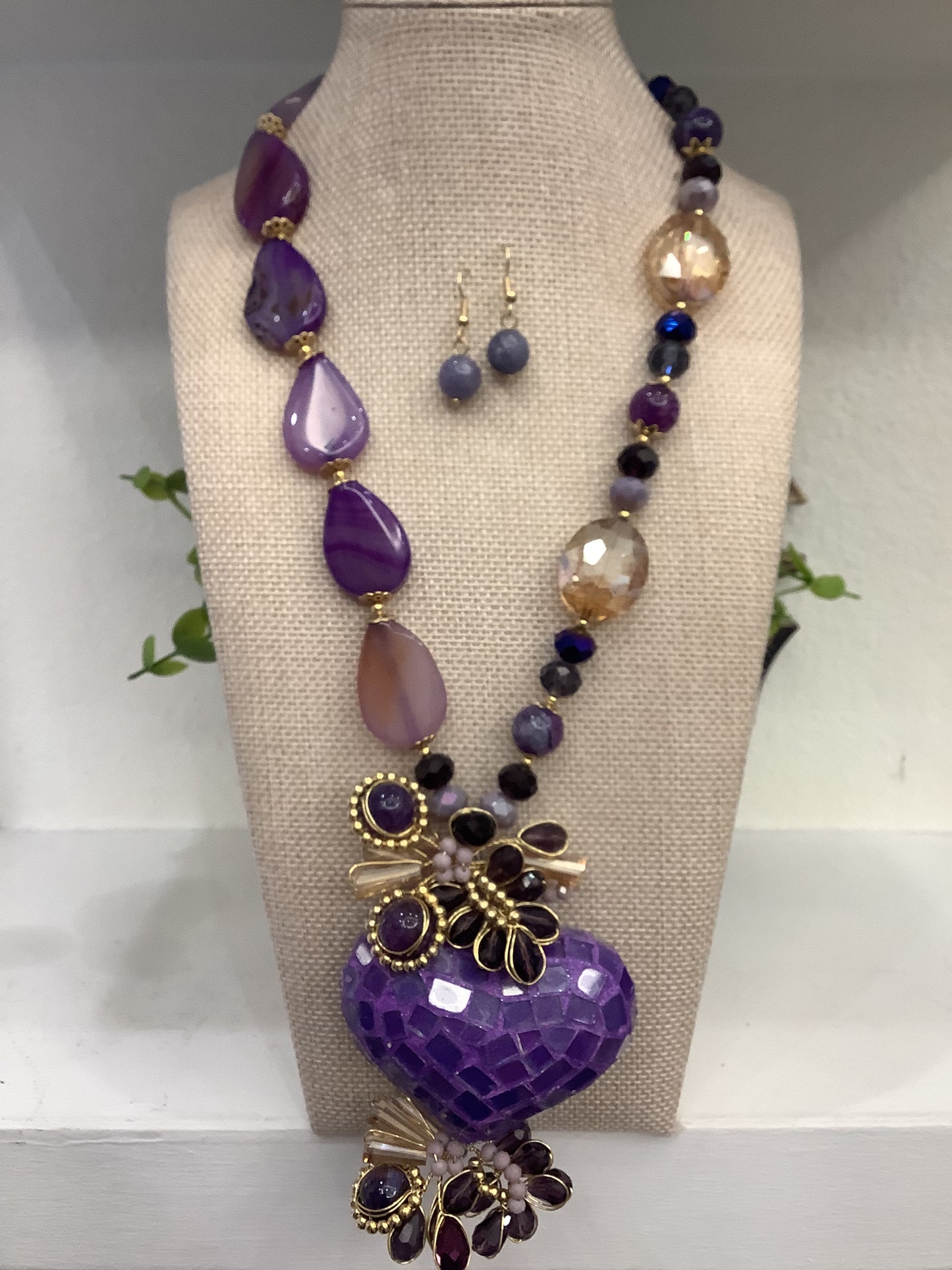 Ornate Handmade Artisan Mosaic Heart and Gemstones Necklace Set w/ Matching Earrings (18” long + 2”extender)