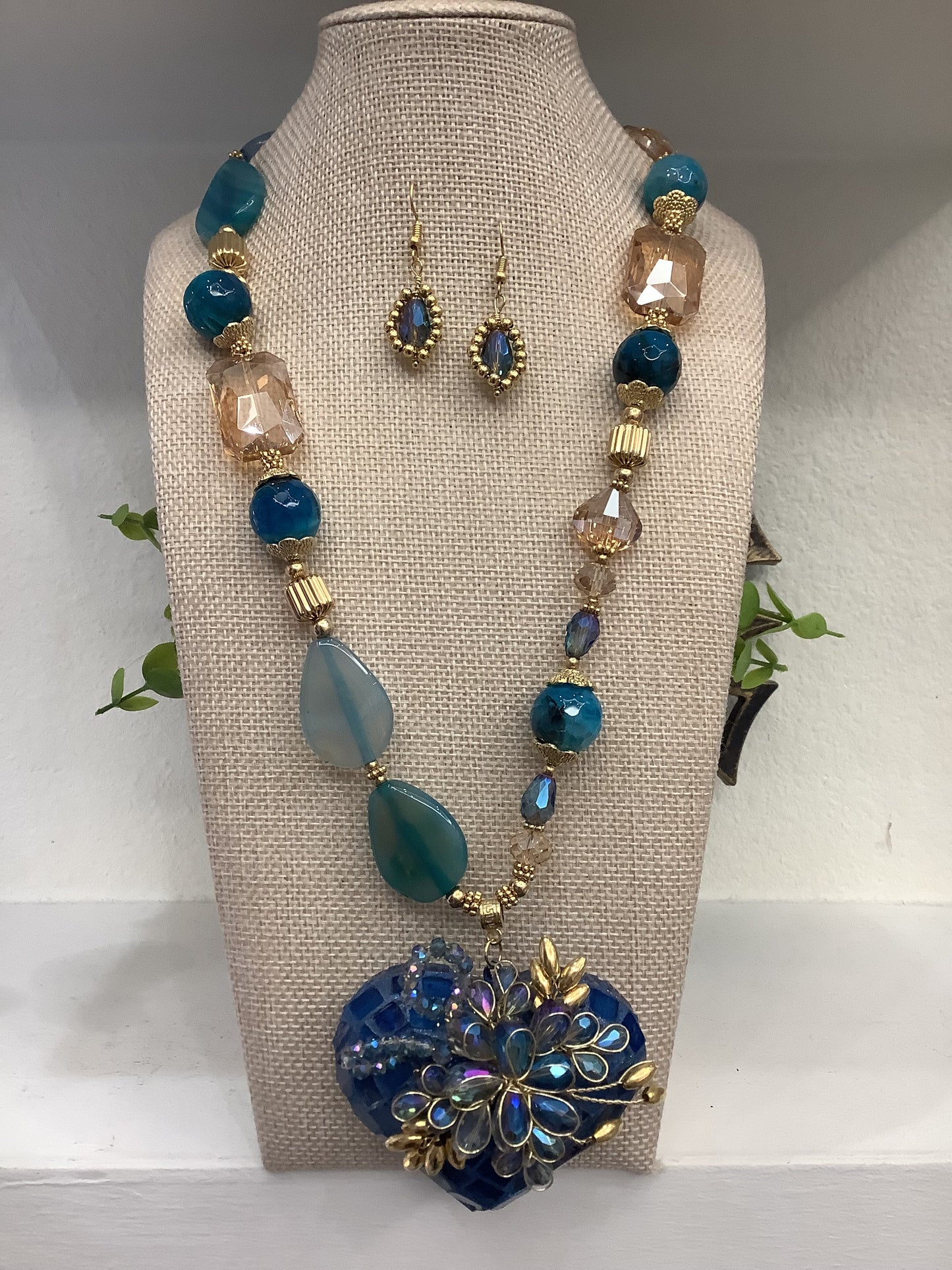 Ornate Handmade Artisan Mosaic Heart and Gemstones Necklace Set w/ Matching Earrings (18” long + 2”extender)