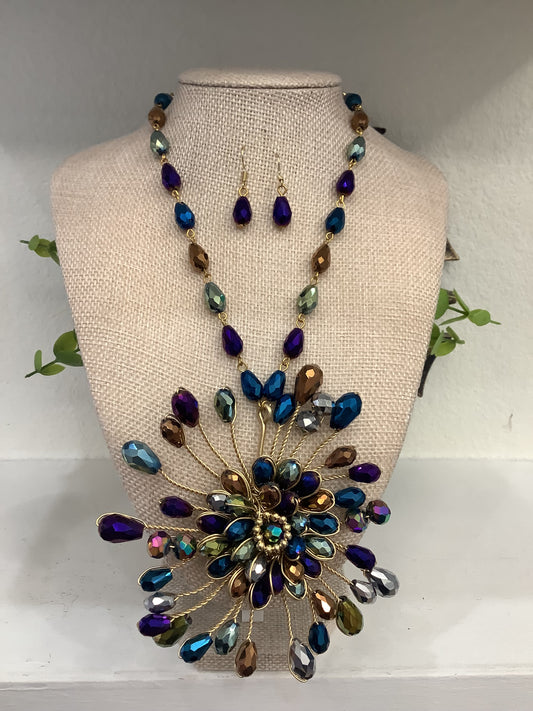 Artisan Copper Multi-Colored Sunflower Crystal Beaded Necklace Set w/Matching Earrings (18” long+ 2” extender)