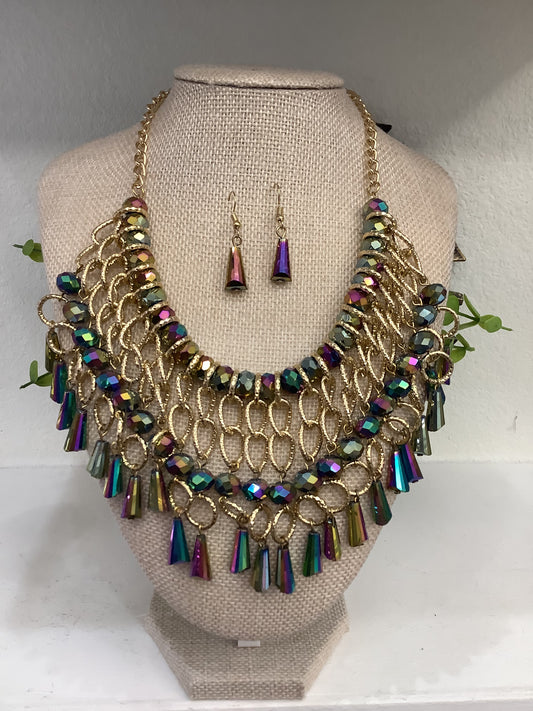 Artisan Multi-Colored Crystal Beaded Bib Necklace Set w/ Matching Earrings (18” long + 2”extender)