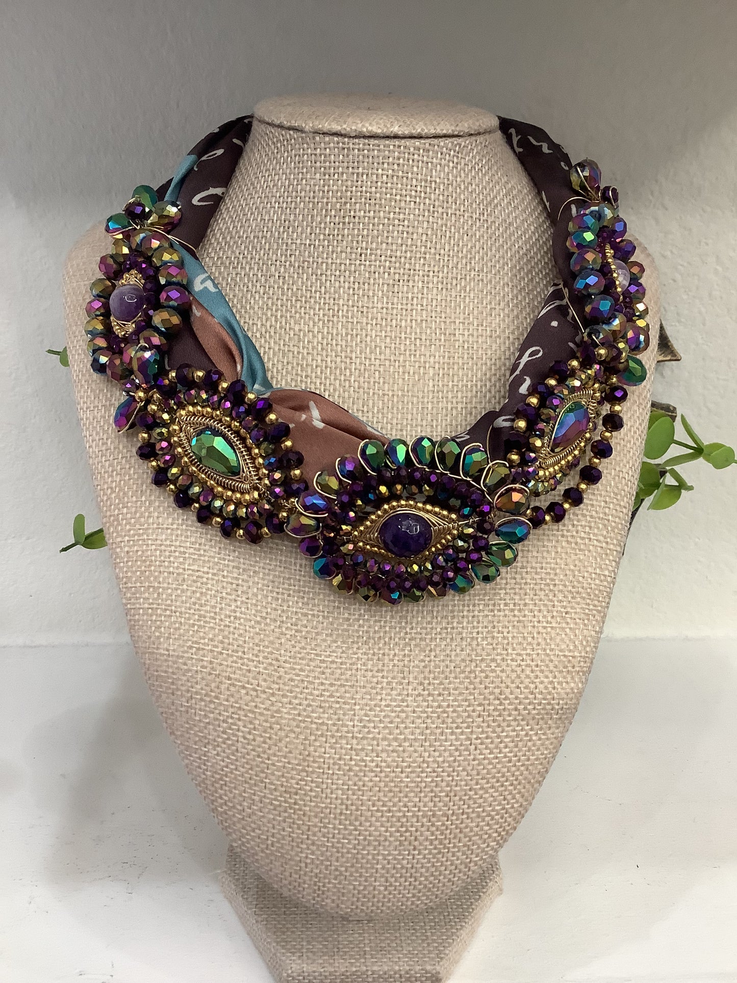 Artisan Scarf Multi-colored Crystals Necklace and Earrings(18” long)