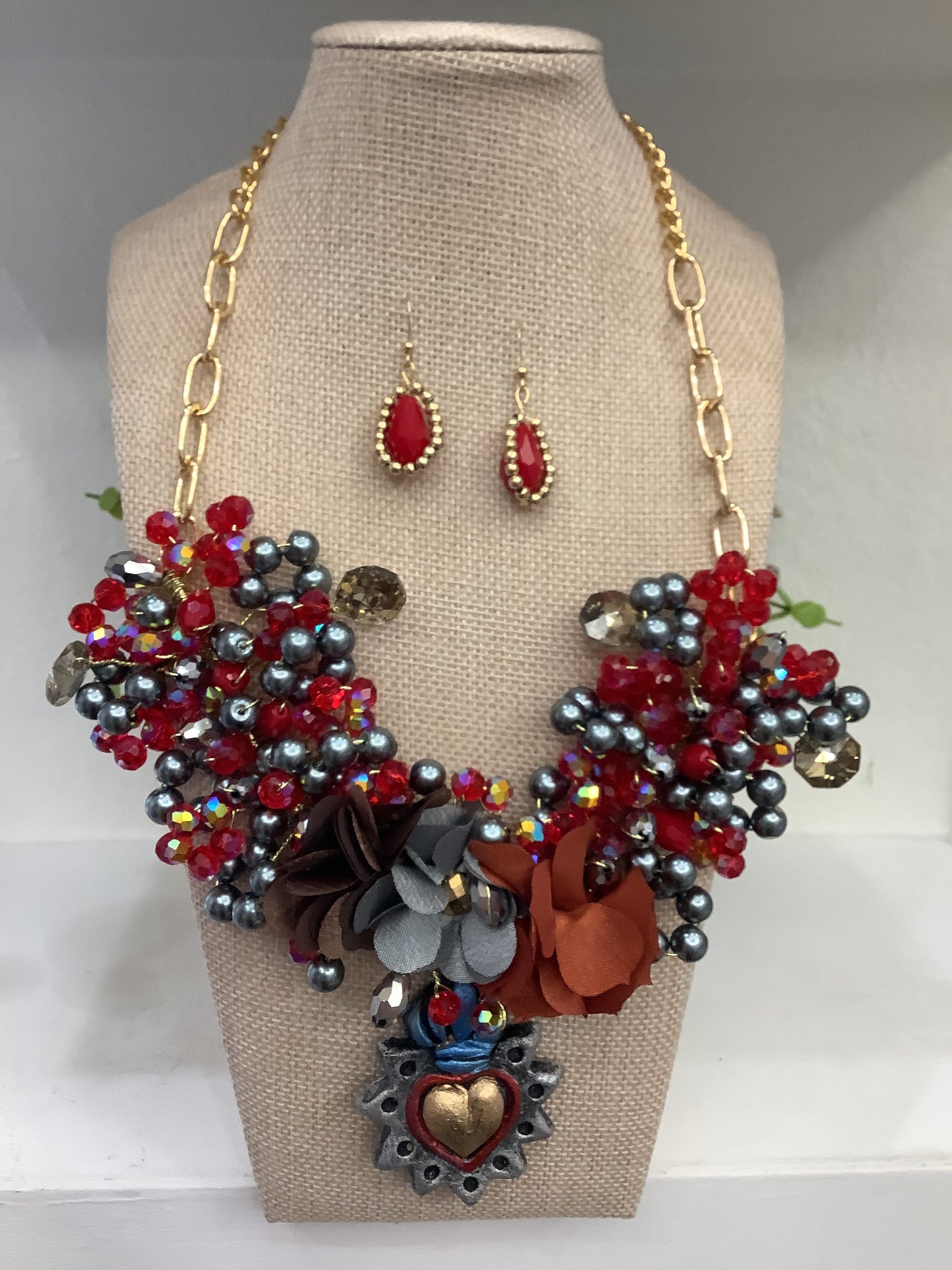 Artisan Bib Crystals Necklace Set w/ Complementary Earrings (18” long + 2”extender)