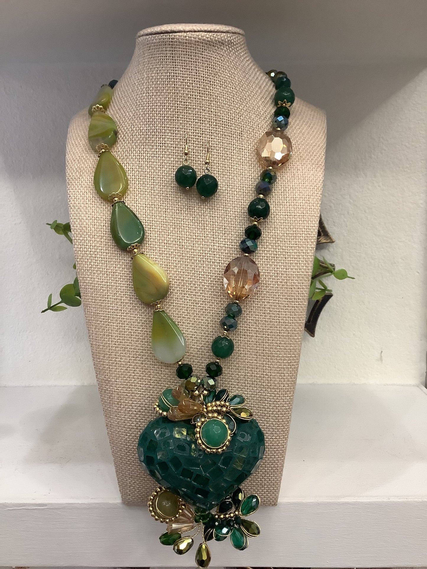 Ornate Handmade Artisan Mosaic Heart and Gemstones Necklace Set w/ Matching Earrings (18” long + 2”extender)