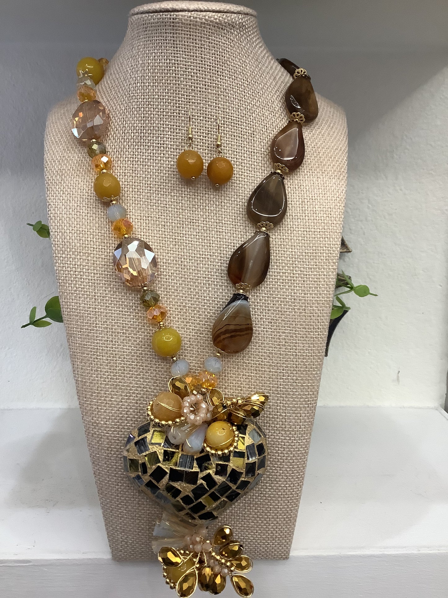 Ornate Handmade Artisan Mosaic Heart and Gemstones Necklace Set w/ Matching Earrings (18” long + 2”extender)