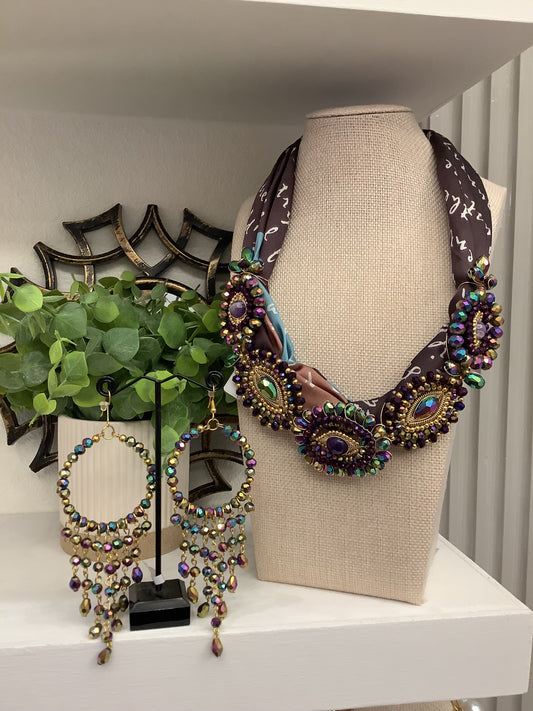 Artisan Scarf Multi-colored Crystals Necklace and Earrings(18” long)