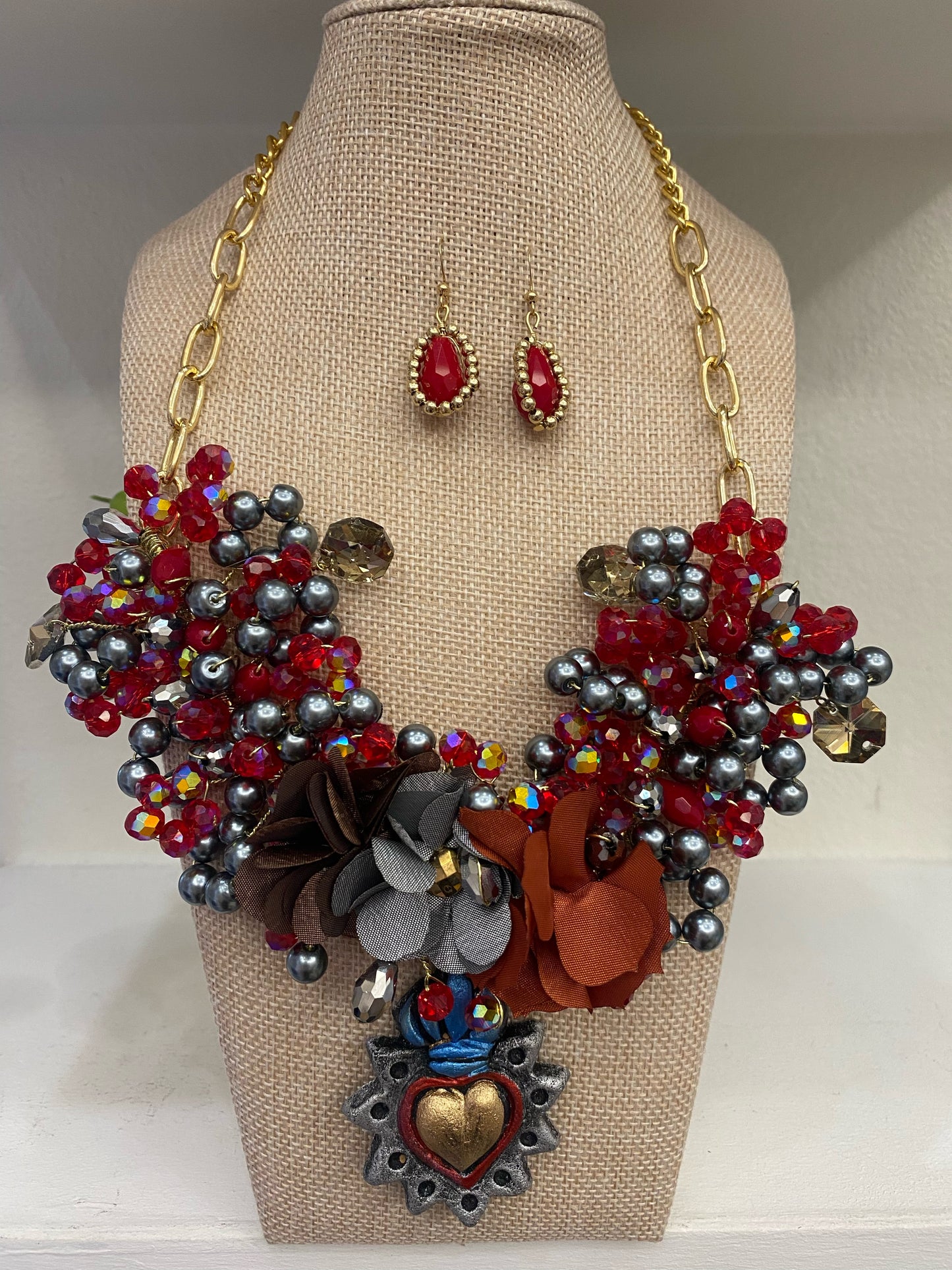 Artisan Bib Crystals Necklace Set w/ Complementary Earrings (18” long + 2”extender)